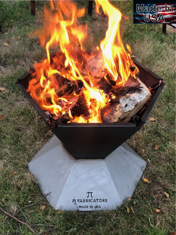 The Biochar Fire Pit burning with a Made In USA image in upper right.