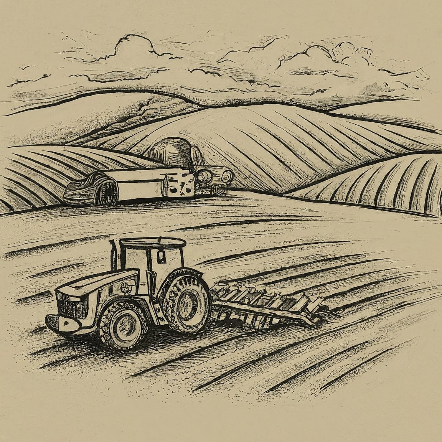 Aerial sketch depicting a modern tractor plowing a field.