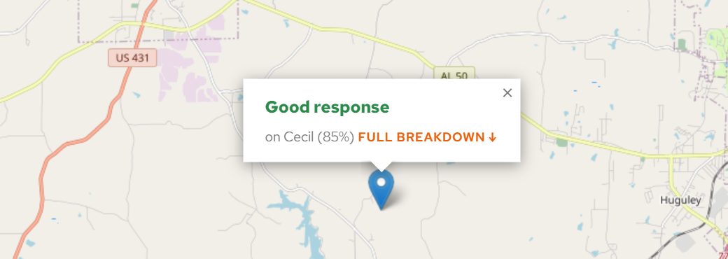  Biochar Soil Map demo: clicking a spot near Huguley, AL returns 'Good response on Cecil (85%)' with a full breakdown link.