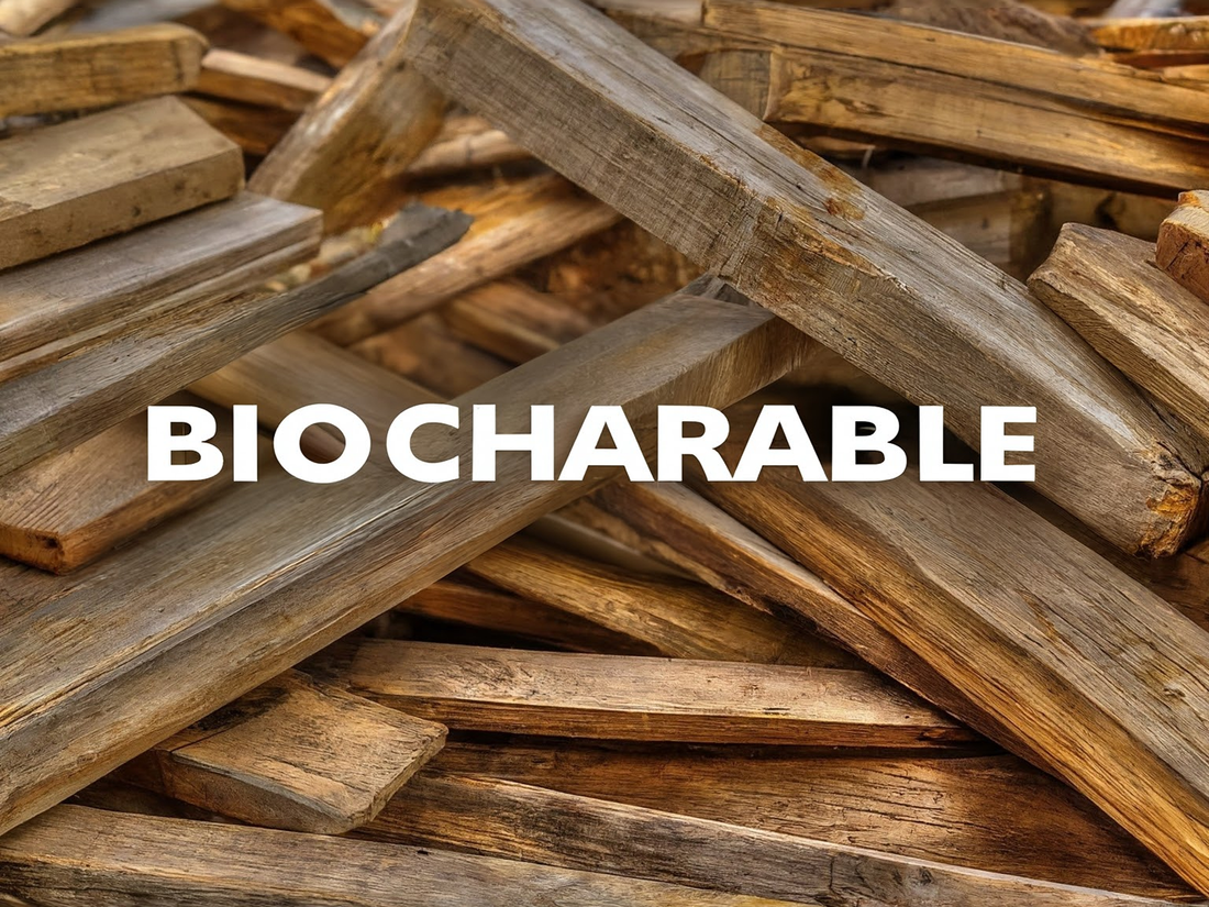 A pile of various lumber scraps with the word "BIOCHARABLE" overlaid in bold white text.