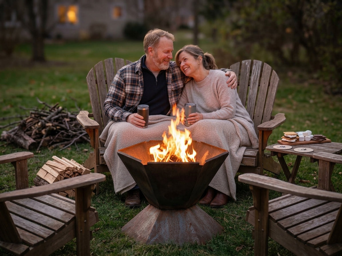 A couple sharing a blanket and two mugs of coffee beside the Biochar-Making Fire Pit at dusk, flames up over the hexagonal steel cone, split wood and a pile of prunings stacked beside them in a backyard