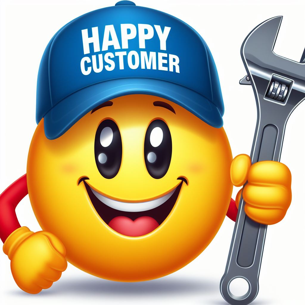 Cartoon image of happy customer holding a crescent wrench.