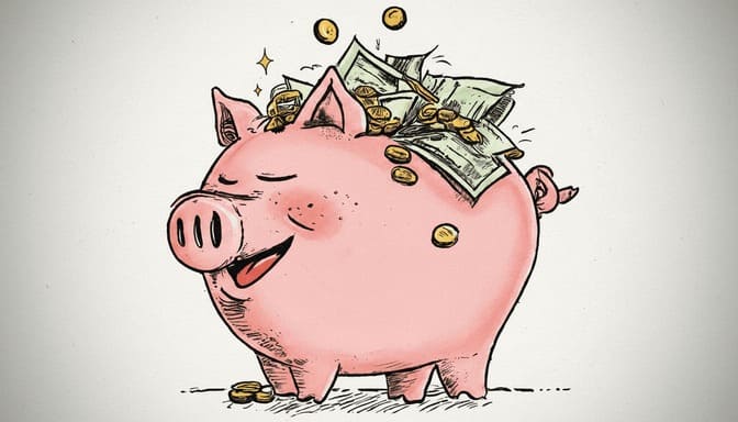 A happy piggy bank overflowing with coins and bills, illustrating financial abundance and contentment.