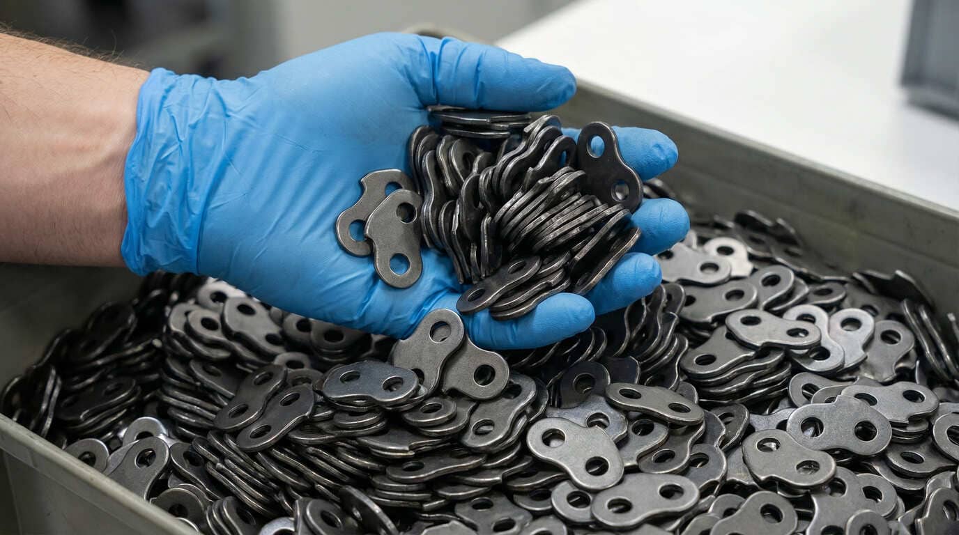 Bin full of harvester chain drivers with hand holding a handfull of drivers. 