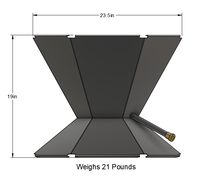 CAD rendering of the Biochar Fire Pit showing the height, width and weight.