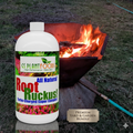 Root Ruckus 1-quart liquid inoculant beside a lit Biochar-Making Fire Pit — the Biochar-Making Starter Kit bundle.