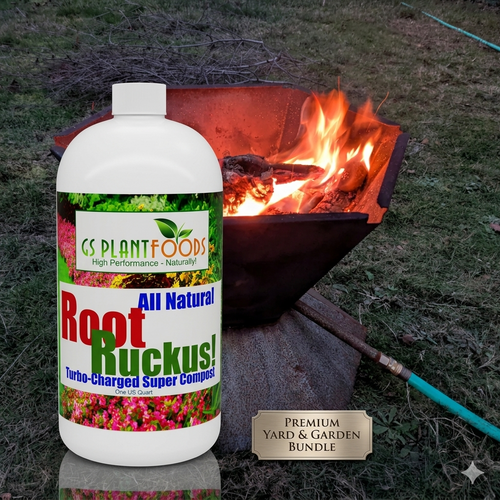 Root Ruckus 1-quart liquid inoculant beside a lit Biochar-Making Fire Pit — the Biochar-Making Starter Kit bundle.