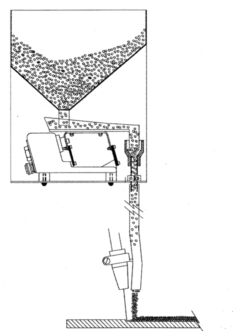 Black and white drawing of a carbide feeder hopper system connected to a MIG gun for tungsten carbide embedding.