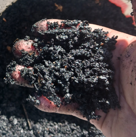 Crushed biochar in a hand closeup.