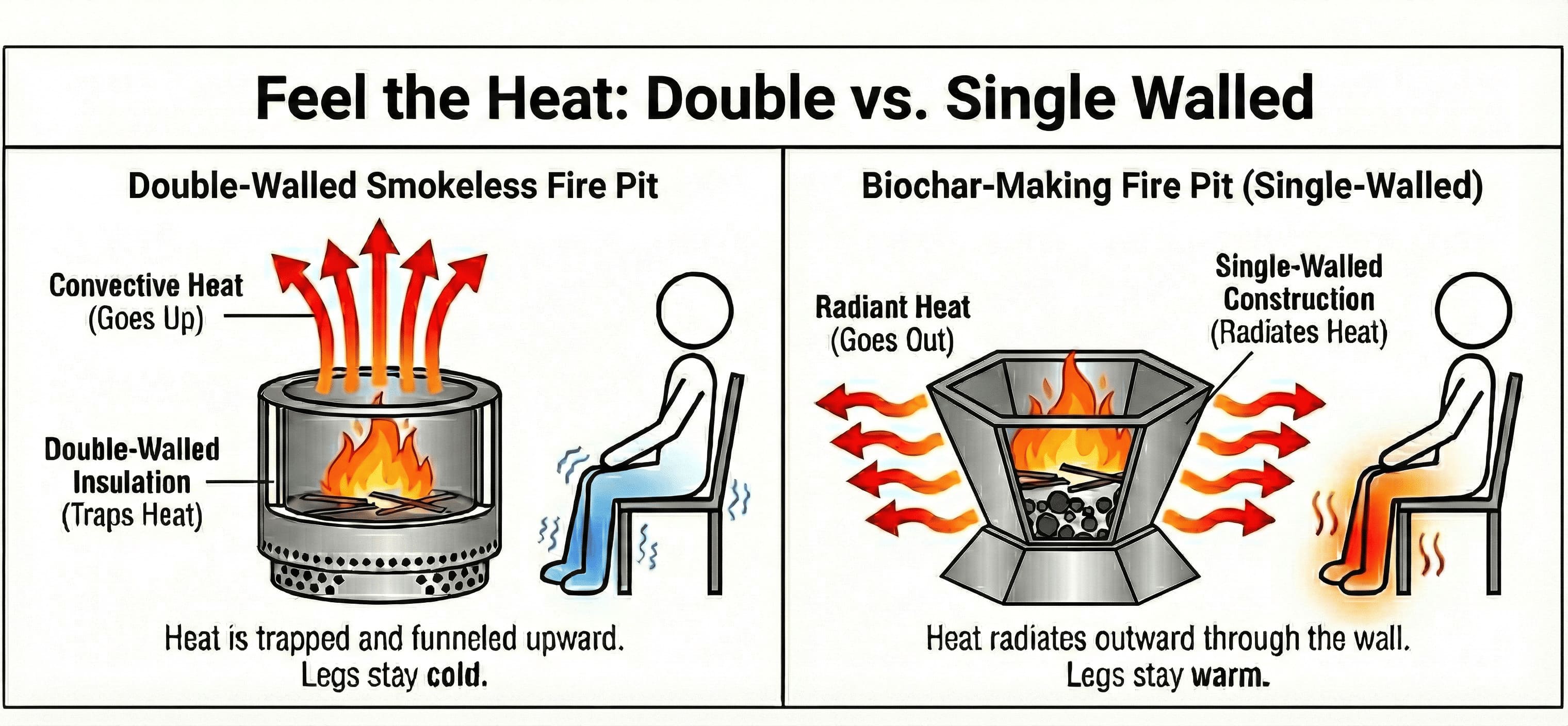 Infographic comparison: Conventional double-walled fire pits send convective heat straight up, leaving legs cold. Single-walled biochar pits radiate heat outward through the metal walls, keeping legs warm.