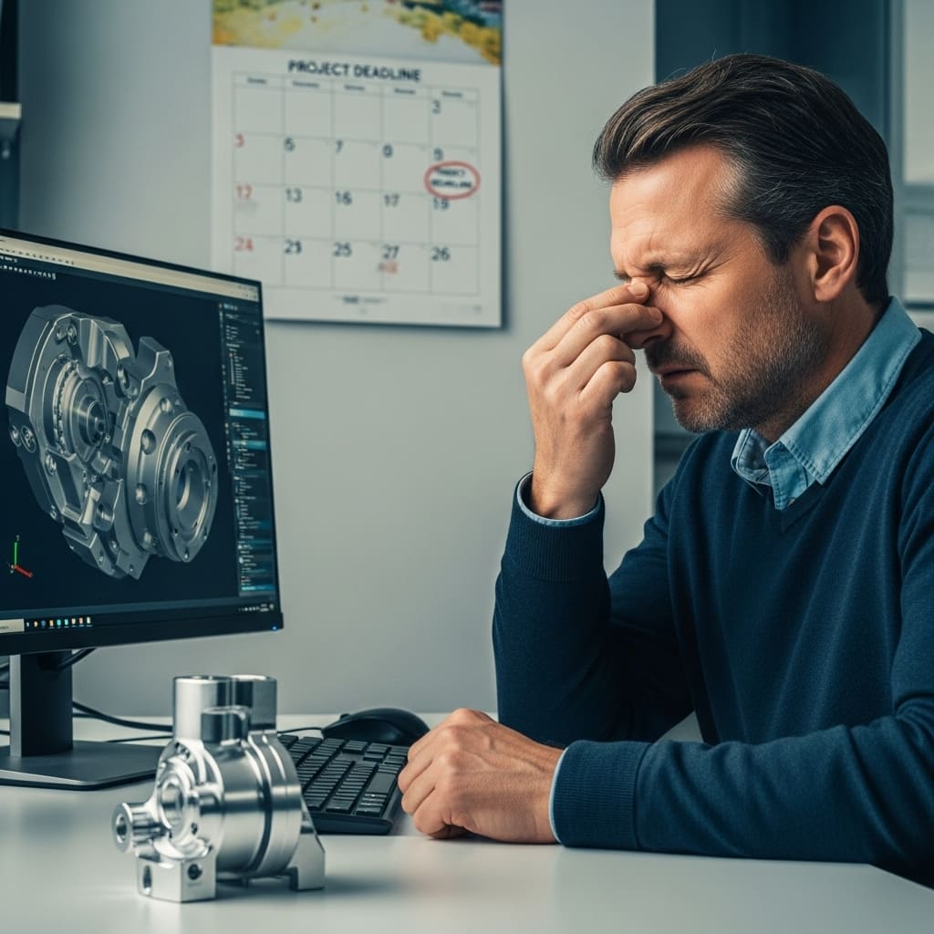Frustrated engineer sits at a desk, head in his hand, next to a finished prototype part. A calendar with a circled deadline is visible in the blurred background.