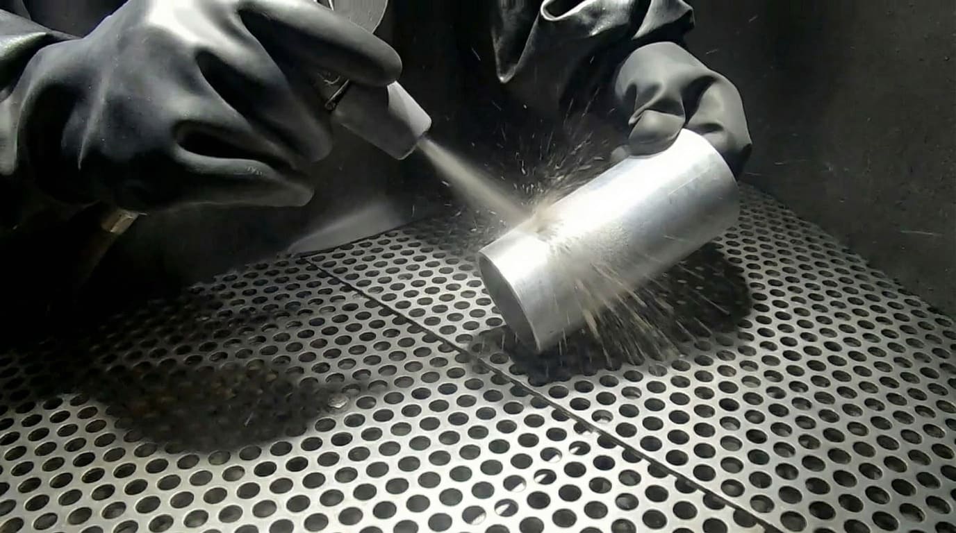 Person grit blasting a cylindrical part in a grit blasting booth. 