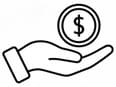 Minimalist line-art icon showing a single hand gently cupping or holding a large coin. The design is simple, using only thin black lines on a white background, representing the concept of saving money or reduced spending.