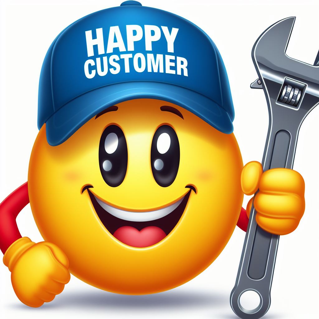 Cartoon smiley face image of happy customer holding a crescent wrench.