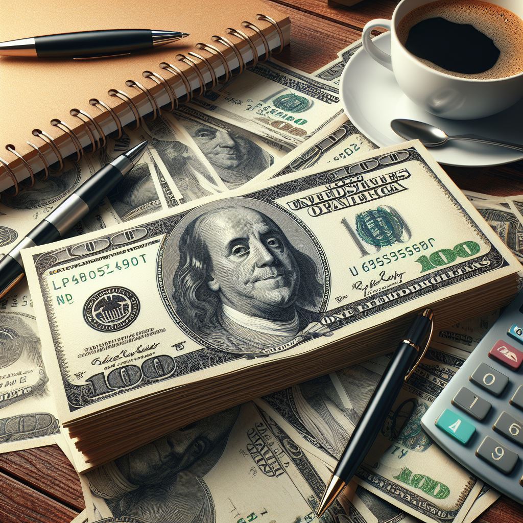 Hundred dollar bills on a wooden table with a cup of coffee a pen and a calculator.