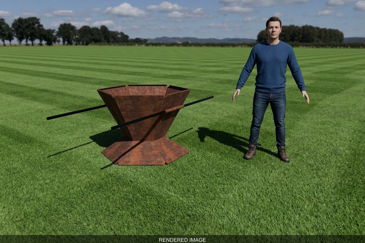 Rendering of the Large Biochar-Making Fire Pit beside a person for scale (the first one has not been built yet)