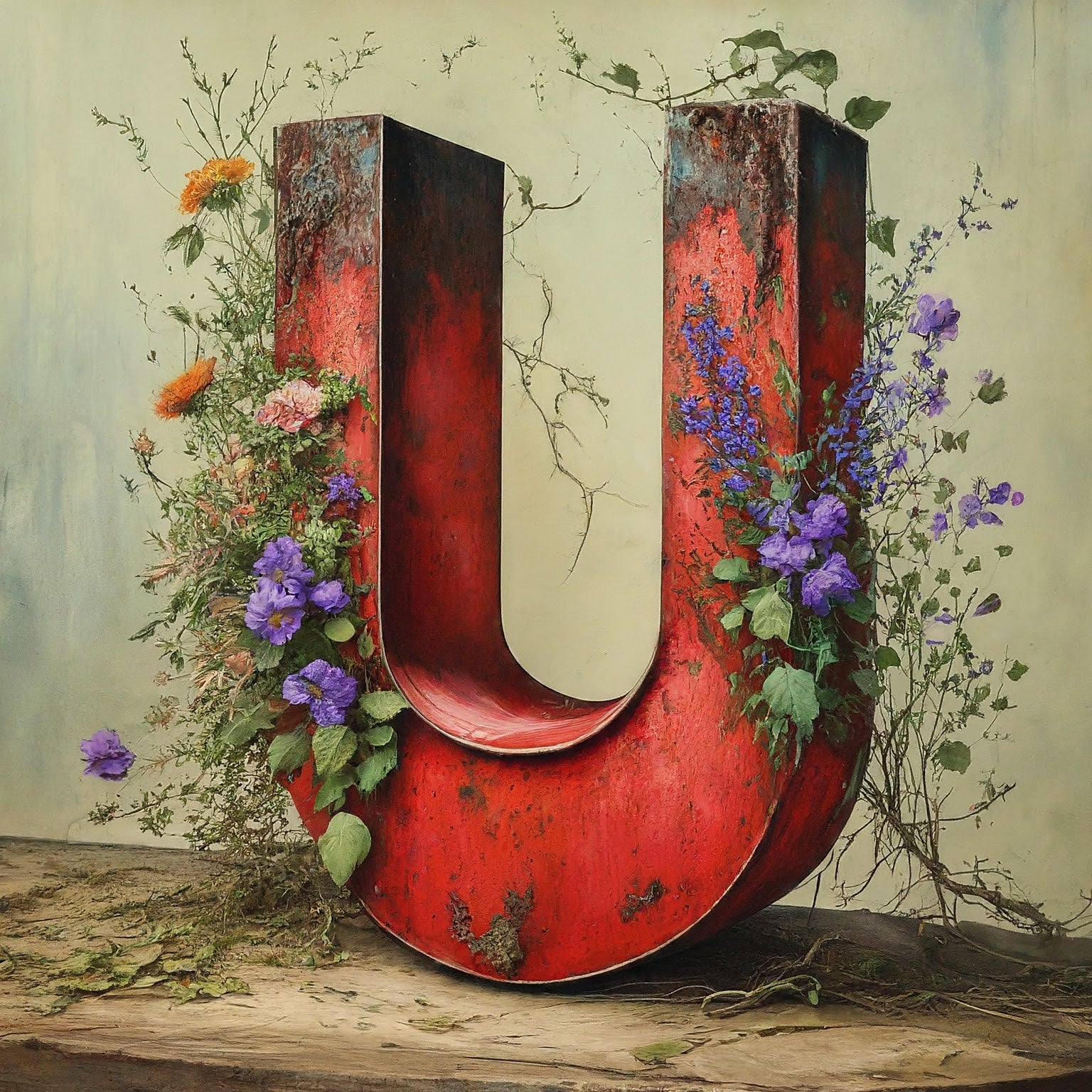 A red, U-shaped magnet is covered in blooming flowers and green vines. This symbolizes how biochar, a type of charcoal, attracts and holds onto nutrients in the soil, just like a magnet.