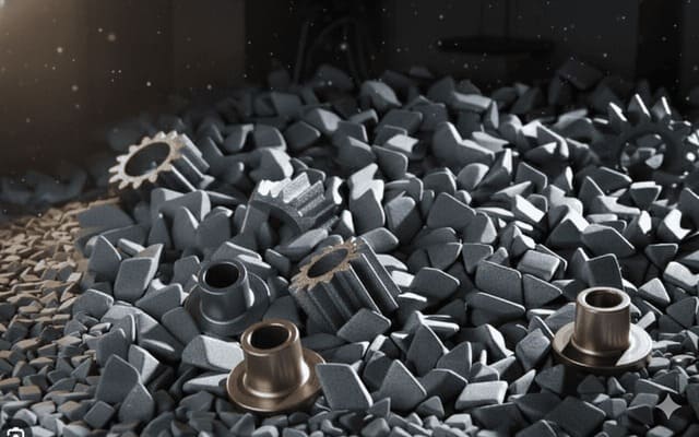 Small metallic parts, including gears and bushings, on a pile of assorted mass finishing media.