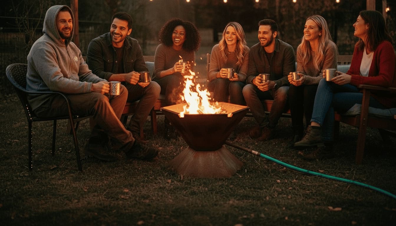 Group of friends smiling and laughing while sitting around a Biochar-Making Fire Pit by Pi Fabricators. 