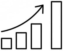 Minimalist line-art icon depicting a rising bar graph with four increasing bars, accompanied by an upward-curving arrow. The design is simple, using only thin black lines on a white background, representing productivity, growth, or increasing positive trends.