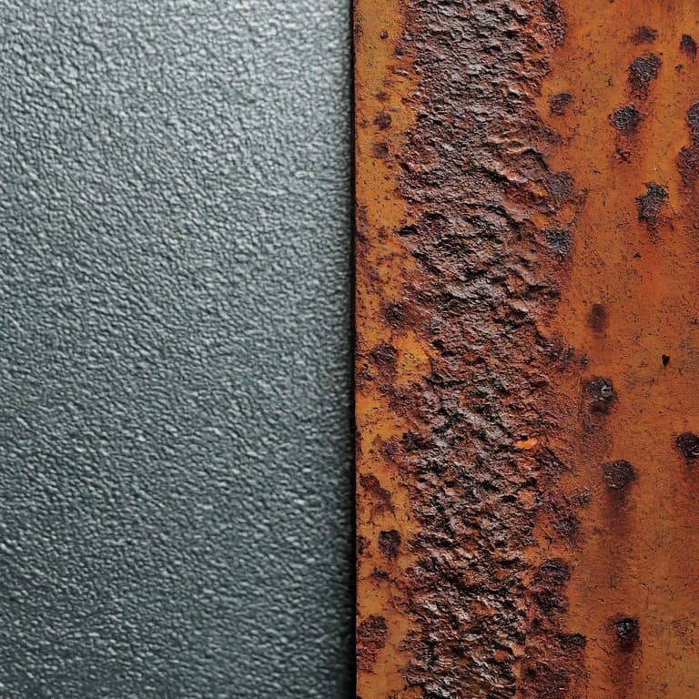 Side-by-side comparison showing a clean, uniform grit-blasted steel surface next to the same material with a rough, rusty surface.