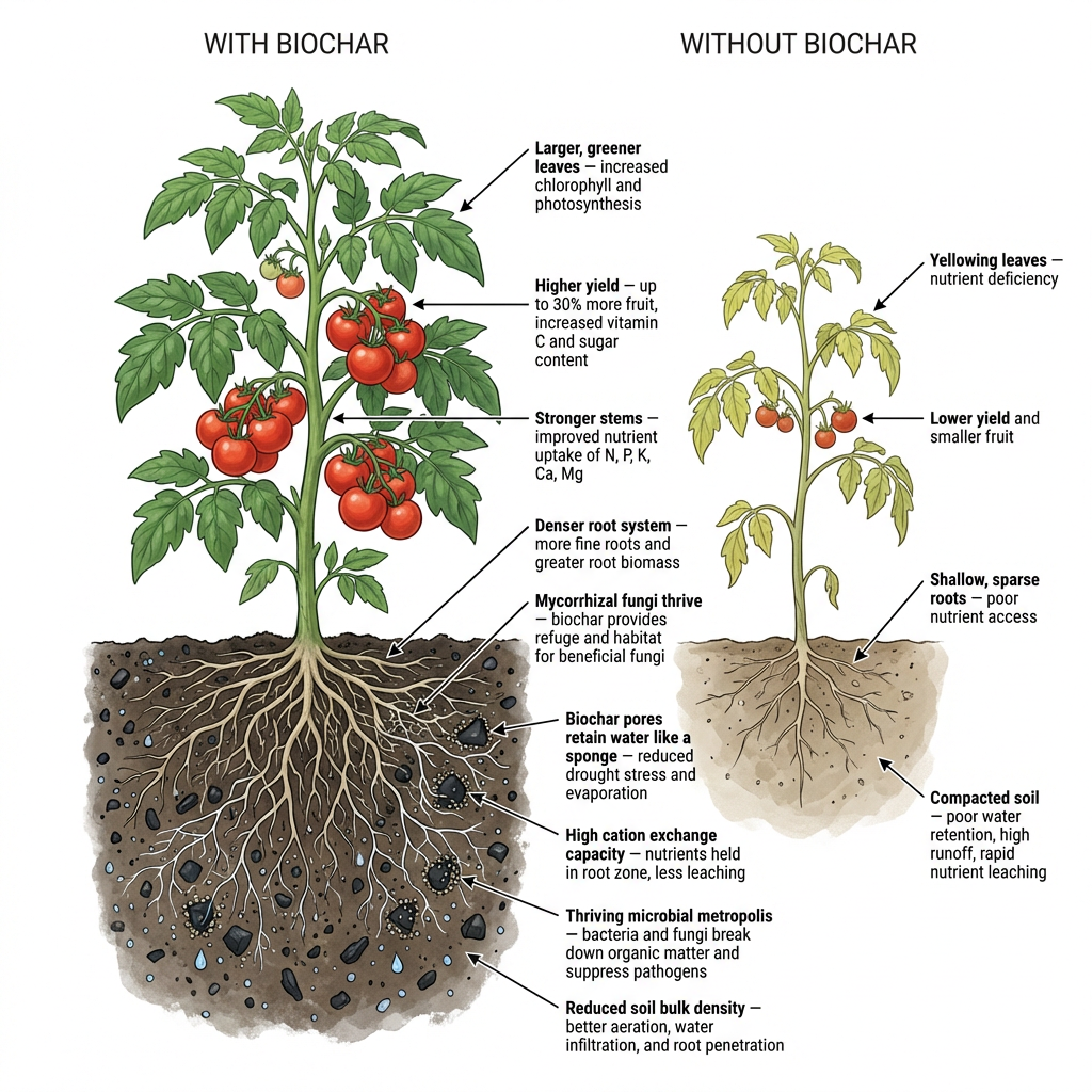 A botanical diagram comparing two tomato plants. The left plant, 'WITH BIOCHAR,' is large and healthy with dark green leaves, abundant tomatoes, and a deep root system in dark, aerated soil. Labels explain biochar improves water retention, nutrient uptake, and microbial health. The right plant, 'WITHOUT BIOCHAR,' is small and yellowing with few fruits and sparse roots in pale, compacted soil, noting nutrient deficiency and poor yield.