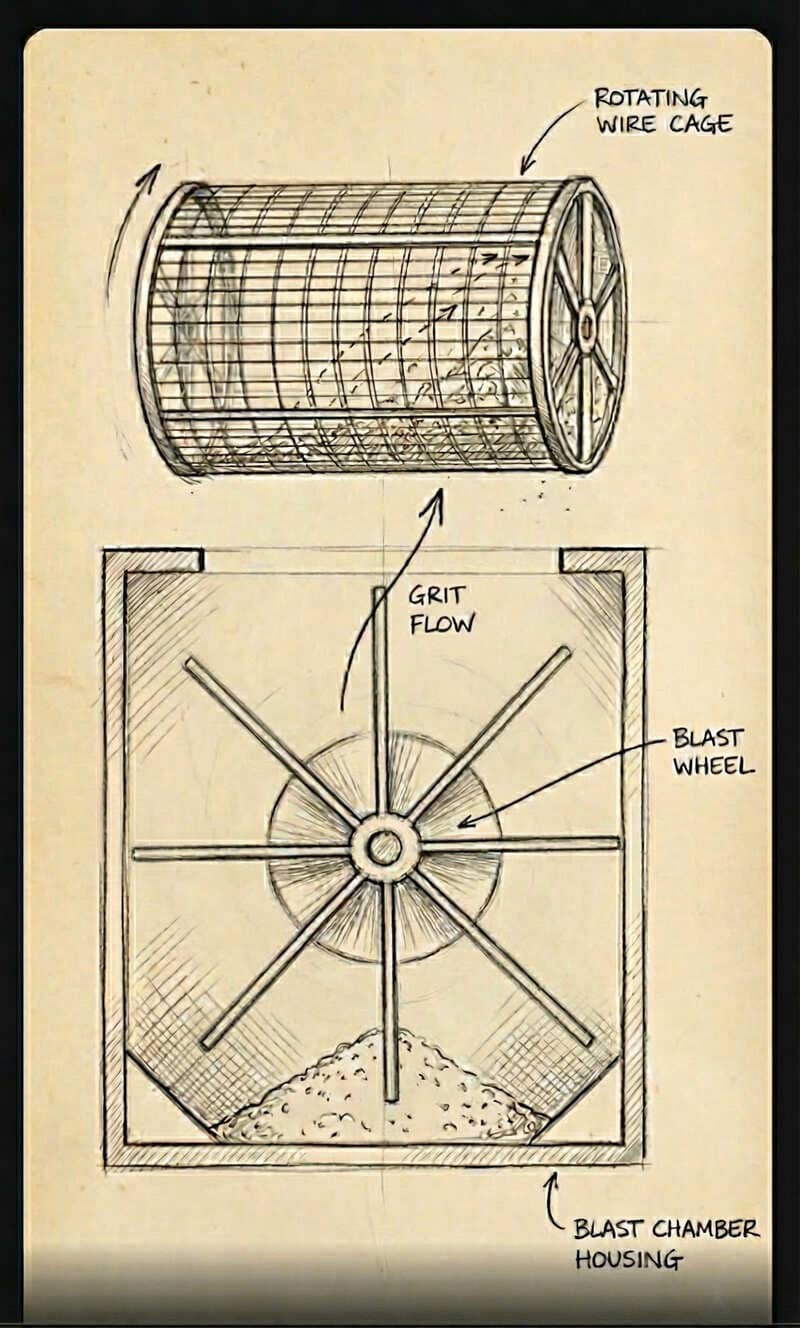 Sketch of a tumble blaster operation: a blast wheel projecting grit onto small parts inside a rotating wire cage.