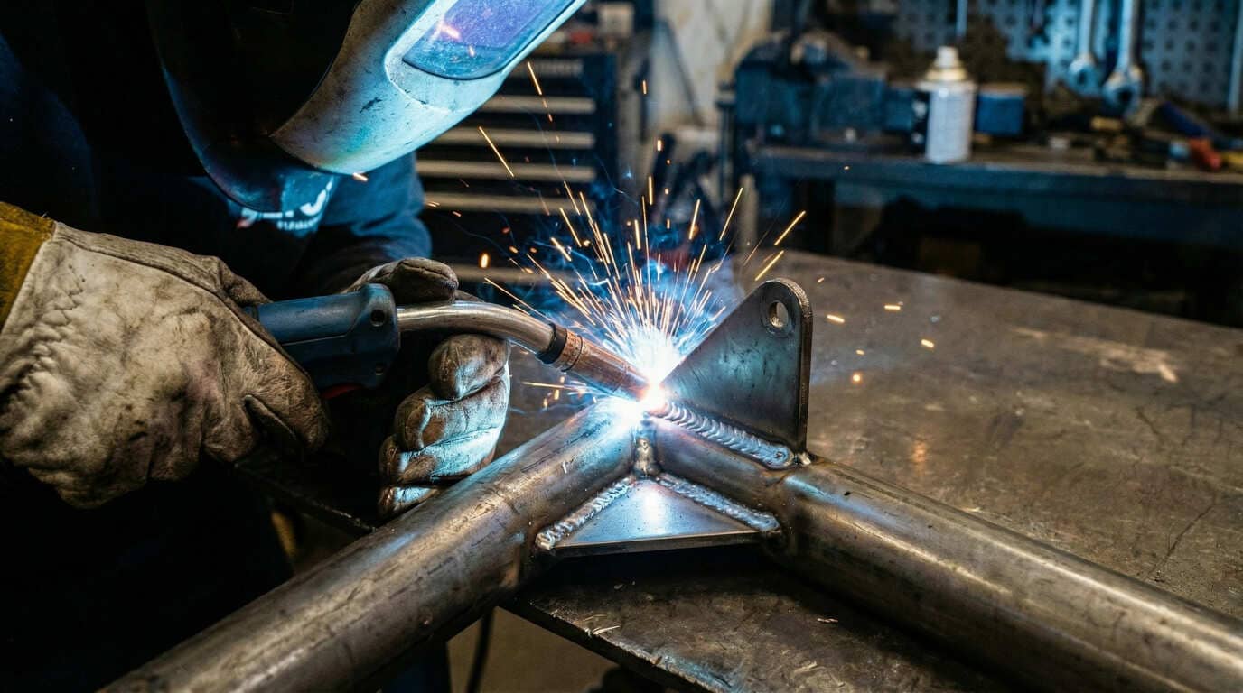 Person welding metal with sparks flying in a workshop setting